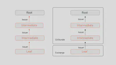 带有叶证书、中间证书和根证书的证书链。服务器可以选择发送整个链,或者只发送一部分;只要有足够的链从根到叶,我们就可以验证证书。